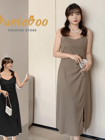 🐰BunieBoo🐰เดรสยาวสาวอวบ สายเดี่ยวจีบเอวข้าง สีดำ/โกโก้ [พรีออเดอร์] SC62318