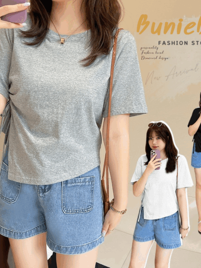 🐰BunieBoo🐰 เสื้อยืด W812 มีเชือกรูดข้าง พรางหุ่น (รอ 10-15 วัน) [พรีออเดอร์]