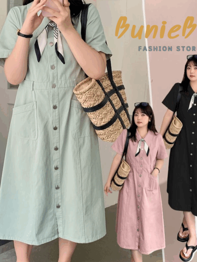 เดรสยาวสาวอวบ ผ้ายีนส์เบาสบาย คอปก+ผูกโบว์ มีไซส์ใหญ่ XL-4XL [พรีออเดอร์]
